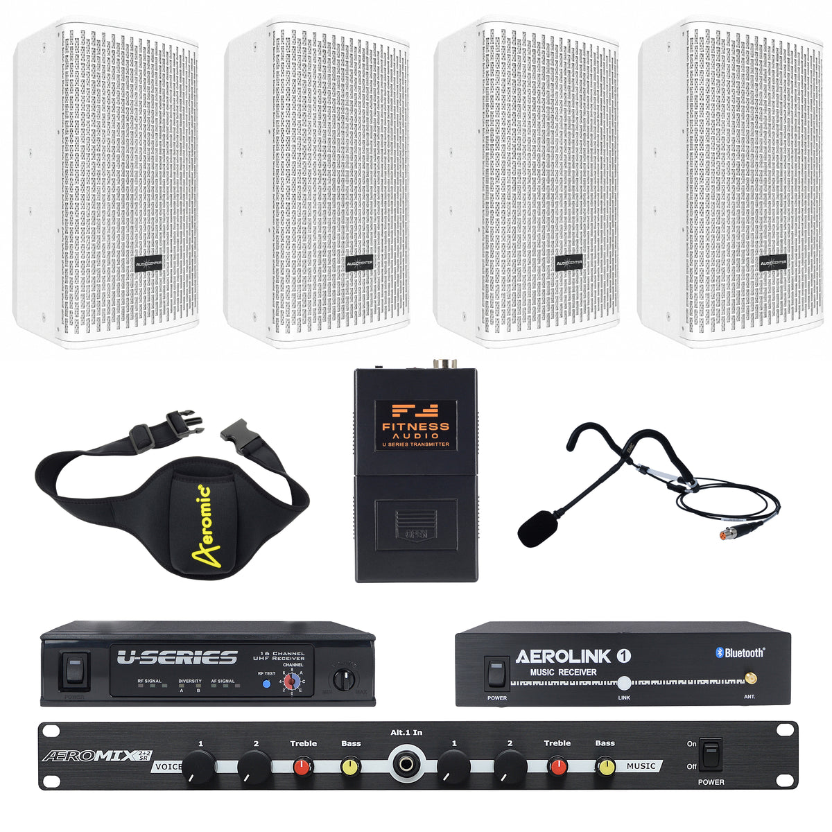 Powered Wide-Coverage Fitness Studio Sound System – 8" 4 Speaker Package