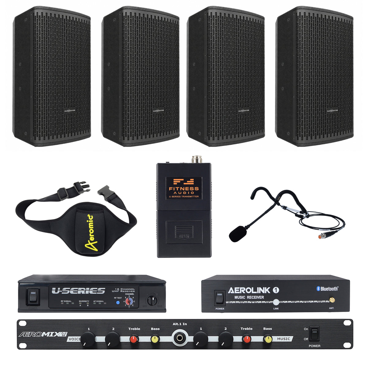 Powered Wide-Coverage Fitness Studio Sound System – 8" 4 Speaker Package